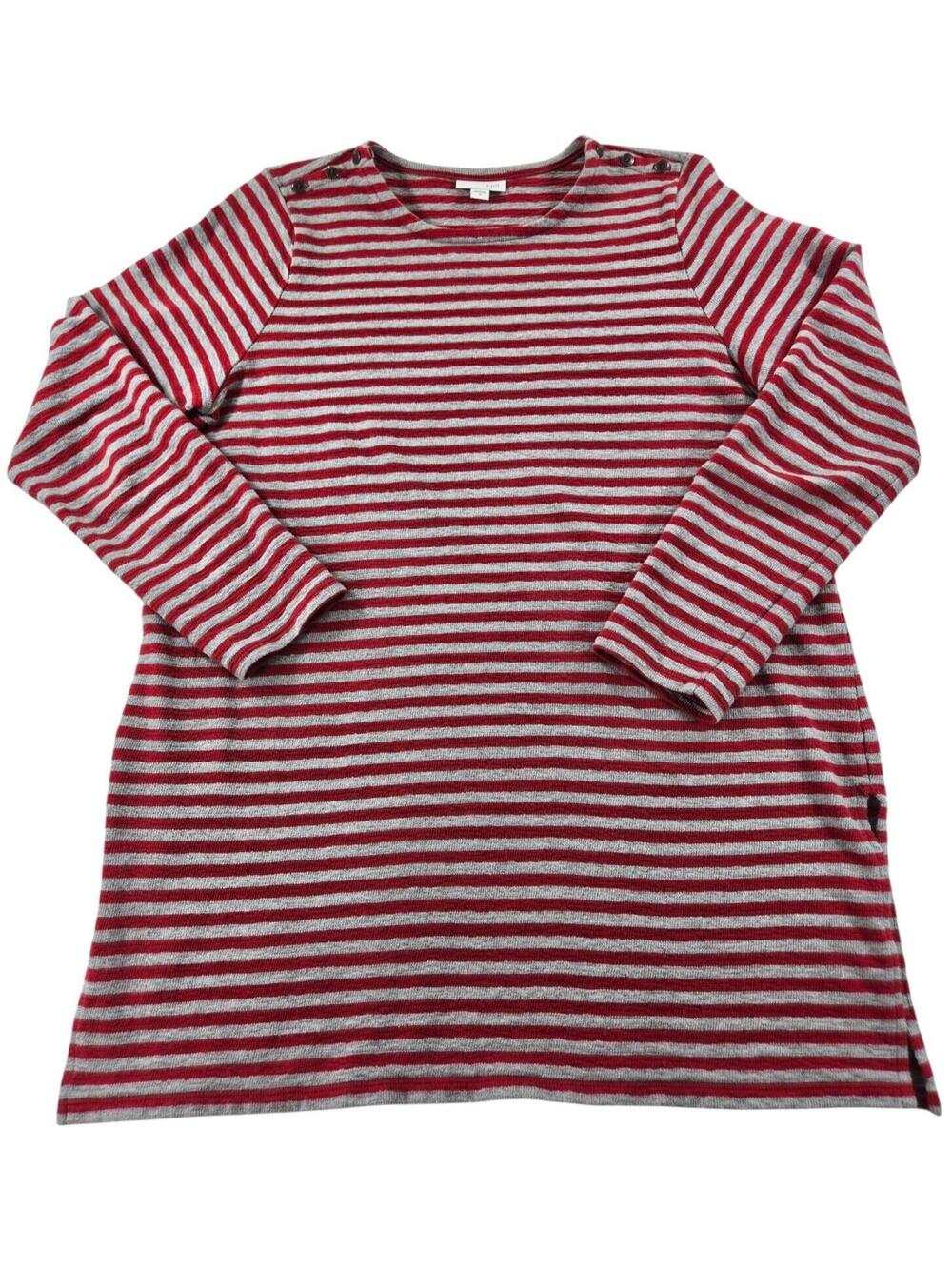 J.Jill Womens Medium Red Gray Striped Cotton Knit Button Shoulder Tunic Top